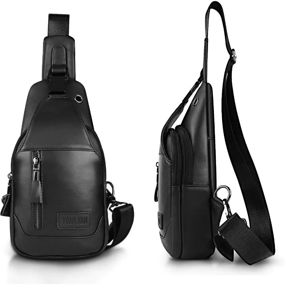 👉 Men Black Crossbody Bags Leather Sling Purse Chest Backpack Shoulder Bags